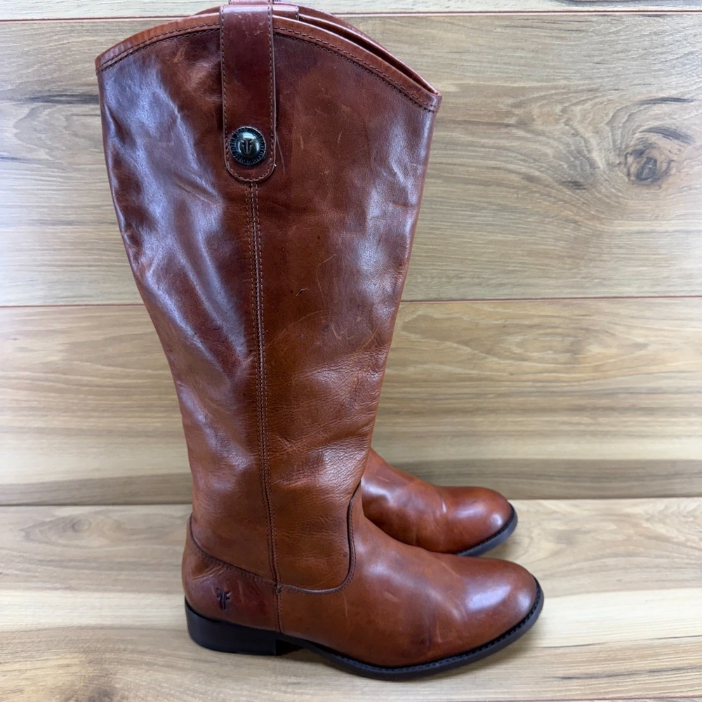 Frye Melissa Button Riding Boots 7 B Brown Cowhide Tall Boho Festival Pull On